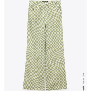 BRAND NEW W/ TAGS Zara White and Green Checkered Linen Pants Size XS